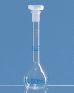 Check flasks, DAkkS calibrated, borosilicate glass 3.3, class A, with 3 marks, blue graduations