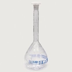 Volumetric flasks, borosilicate glass 3.3, class A, blue graduated, with PE stoppers, coated