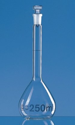 Volumetric flasks, borosilicate glass 3.3, class A, blue graduations, with glass stoppers, incl. ISO individual certificate