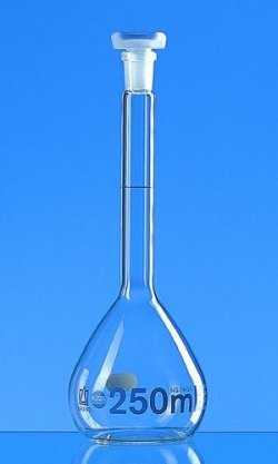 Volumetric flasks, borosilicate glass 3.3, class A, blue graduations, with PP stoppers, incl. DAkkS calibration certificate