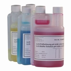 LLG-pH-Buffer solutions with colour coding in twin-neck dispensing bottles