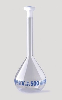 Volumetric flasks, borosilicate glass 3.3, class A, blue graduated, with PE stoppers