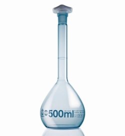 Volumetric flasks, borosilicate glass 3.3, class A, PUR Plastic coated, blue graduations