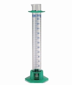 Measuring cylinder with plastic socket, DURAN®, class A, blue graduation